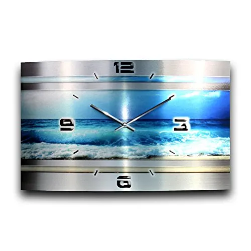 Kreative Feder „Abstrakt“ - Designer-Wanduhr aus gebürstetem Aluminium Größe 50x30cm mit leisem Uhrwerk wahlweise Funk oder Quarz (Blue Ocean Metallic, leises Funkuhrwerk)