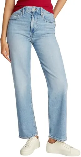 Tommy Jeans Damen Jeans Hose Layla Slim High Waist - Blau (Denim Light) - Jeans für Damen, Slim Fit mit optimaler Passform aus nachhaltigen Materialien, perfekt für Büro und Alltag, lässiges Design mit Tommy Jeans Flagge.