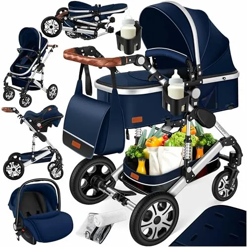 KESSER Kombi-Kinderwagen, Komplettset in Blau/Silber - Vielseitiger Kombikinderwagen mit 12-fach verstellbarem Handgriff, 4-fach verstellbarem Sonnenverdeck und platzsparendem Klappmechanismus – ideal für Familien on-the-go.