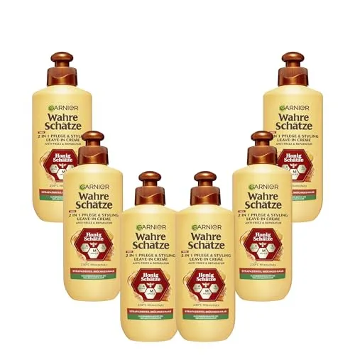 Garnier Wahre Schätze Honig Schätze 2-in-1 Pflege & Styling Leave-In Creme, reparierendes Leave-In gegen Frizz mit Hitzeschutz, 200 ml (x6)
