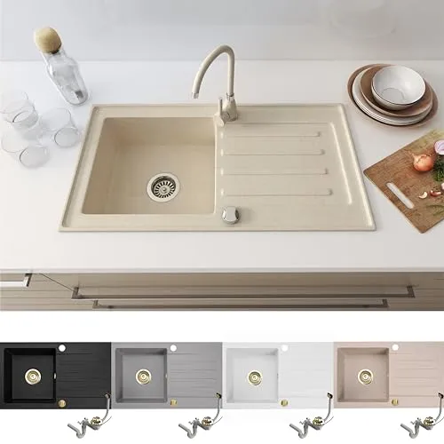 Granitspüle 76x44 Beige – Elegante Küchenspüle mit goldenem Siphon Set - Hochwertige Granitspüle in Beige, hitzebeständig und kratzfest. Ideal für Unterschränke ab 45 cm, inklusive edlem Siphon-Set in Gold.