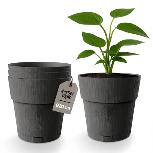 Kigima Blumentopf Pflanzentopf Blumenkübel 4er-Pack Selbstbewässerung Wasserspeicher 100% recycelter Kunststoff rund 20 cm anthrazit