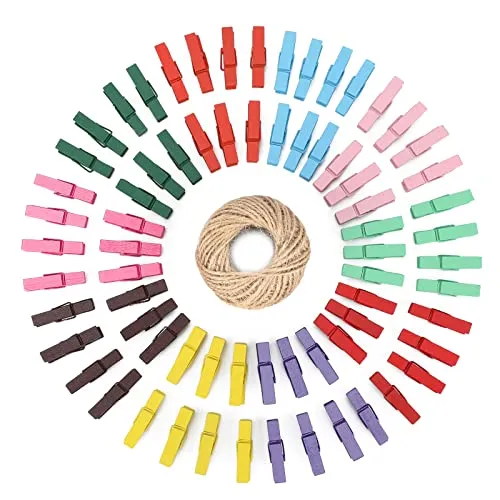 Deko Holz Wäscheklammer Klein - 100 STK Bunte Holzklammern Mini - 3.5CM Kleine Deko Holzklammern mit Schnur für Fotos Basteln