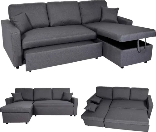 Ecksofa mit Bettkasten MCW-L17 - Dunkelgrau, L-Form mit Schlaffunktion - Sofa in L-Form mit ausziehbarem Bettkasten und Nosagfederung, ideal für kleine Räume und Übernachtungsgäste.