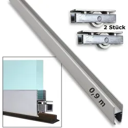 Montageset bestehend aus Aluminium-Montageschiene (0,95 m) für Glasscheiben inkl. 2 Laufrollen