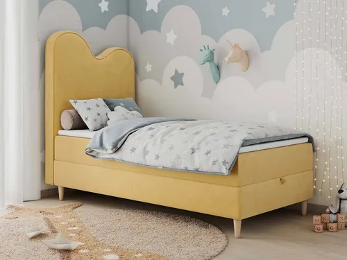 Boxspringbett FLOW für Kinder - 90x180cm - Gelb - H3 - Kompaktes Einzelbett mit 7-Zonen-Taschenfederkernmatratze für optimalen Schlafkomfort. Mit praktischem Bettkasten und Federheber für einfache Handhabung. Ideal für Kinder und Jugendliche.