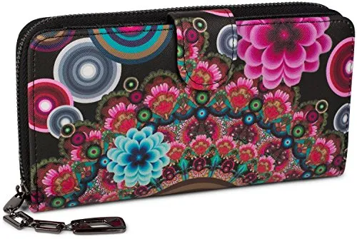 styleBREAKER Damen Geldbörse mit Buntem Blumen Blüten Mandala Muster, Ethno Style, Reißverschluss, Portemonnaie 02040040, Farbe:Schwarz-Rot-Pink