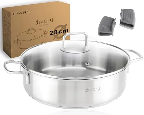 divory Schmorpfanne Edelstahl 28 cm mit Deckel, Induktion - Hochwertige unbeschichtete Schmorpfanne von DIVORY, 28 cm, ideal zum Anbraten. Langlebig aus rostfreiem Edelstahl, spülmaschinenfest und backofenfest bis 230°C. Inklusive Hitze-Griffschutz für sicheres Handling.