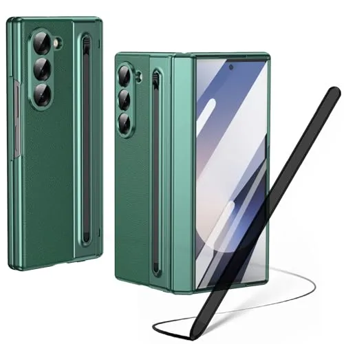 Hülle für Galaxy Z Fold6 mit Stylus Pen, Z Fold 6 Cover mit Displayschutzfolie vorne + S Pen-Steckplatz, Lederhülle für Samsung Galaxy Z Fold6 mit Scharnierschutz-Grün