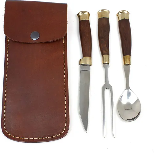Vehi Mercatus Mittelalter Besteck mit Lederscheide - Camping-Besteck mit handgefertigten Edelstahl-Messern, erhältlich mit Horn- oder Holzgriff. Inklusive stabiler Lederscheide für praktische Aufbewahrung und Transport.