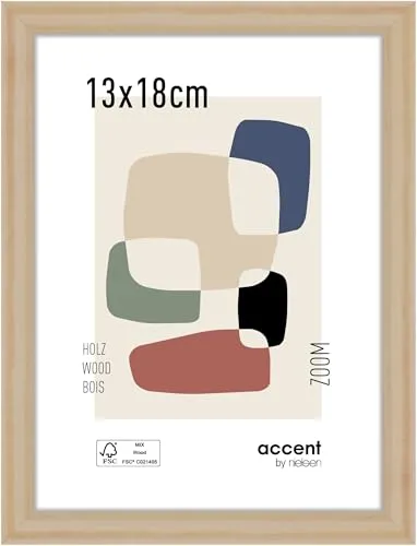 accent by nielsen Bilderrahmen, 13 x 18 cm, Holz, Natur, Fotorahmen zum Auftstellen und Aufhängen im Hoch- & Querformat, Echtglas, Zoom