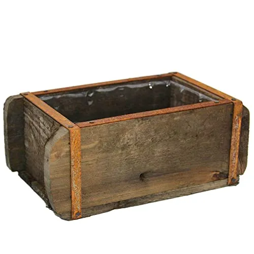 UNUS Garden alte Ziegelform Holz, Pflanzgefäß mit Kunststoffeinsatz, Vintage Holzkiste mit Metallbeschlägen, Aufbewahrungsbox 22x12x9cm