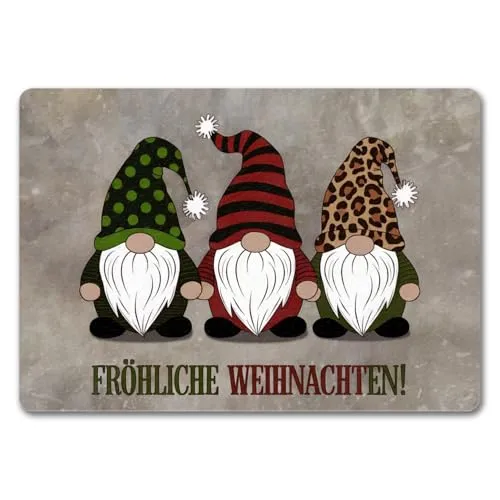 speecheese DREI Wichtel - Fröhliche Weihnachten Fußmatte in 35x50 cm ohne Rand Weihnachten animiertes Bild grüner Hut roter Leopardenmuster - Perfekte Fußmatte in 35x50 cm ohne Rand für
