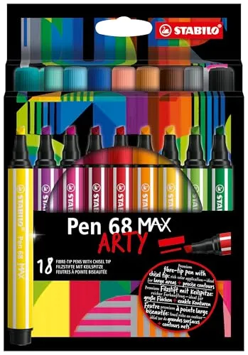 STABILO Fasermaler Pen 68 MAX, 18er Kartonetui ARTY 18 - Schreibutensilien mit 18 leuchtenden Farben, dicker Keilspitze für vielseitige Strichbreiten und bis zu 12 Stunden Austrocknungsschutz – perfekt für kreative Projekte!