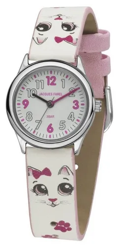 JACQUES FAREL Kinder-Armbanduhr Mädchen Katze - Armbanduhr für Mädchen mit veganem Kunstlederband und süßem Kätzchen-Motiv; ideal als Geschenk und unterstützt die Hilfsorganisation Kwizera e.V.