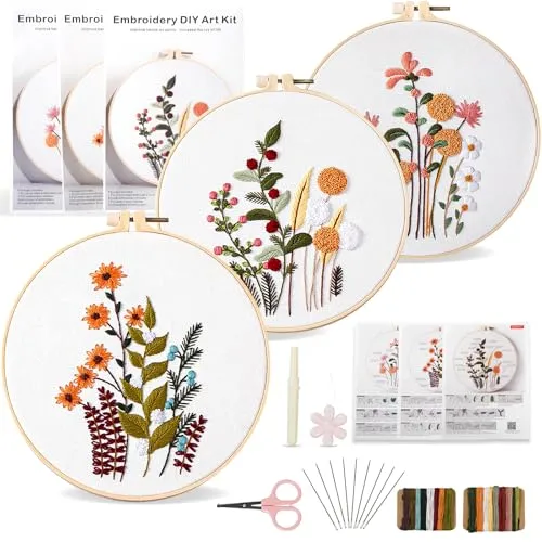 VINATO Stick-Starterkit mit 3 Blumen-Motiven, Komplettset inkl. Bambus-Rahmen, Schere, Stickgarn & Zubehör, DIY-Set für Nadelarbeiten, für Kreuzstich & Handstickerei