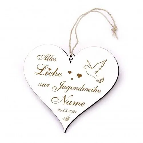 Jugendweihe Schild Herz graviert Alles Liebe zur Jugendweihe - Holz Geschenk Nam