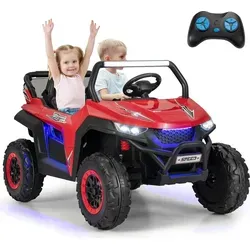 GOPLUS 12V Kinder Elektroauto, 2-Sitzer Kinderfahrzeug mit 2,4 GHz Fernbedienung, Scheinwerfer, Musik, Coolen Lichteffekten & Aufbewahrungstasche, ... - Rot