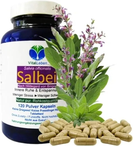 SALBEI 120 Kapseln gegen Schwitzen - Nahrungsergänzung zur natürlichen Regulierung von Schweißbildung, ideal bei Hitzewallungen und Blähungen. 100% natürliche Salbeiblätter ohne Zusatzstoffe.