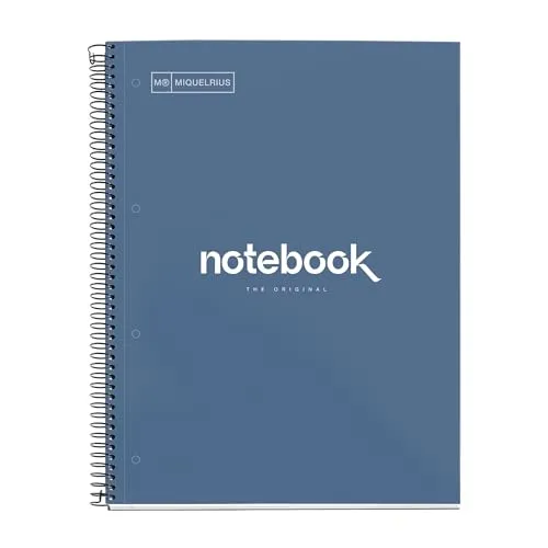 Miquelrius - Notizbuch A4 Notebook, 1 farbiger Streifen, 80 Blatt mit raster 5 x 5 mm, Papier 90 g/m² mikroperforiert mit 4 Bohrungen für 4 Ringe, Einband aus Karton, Farbe Marineblau