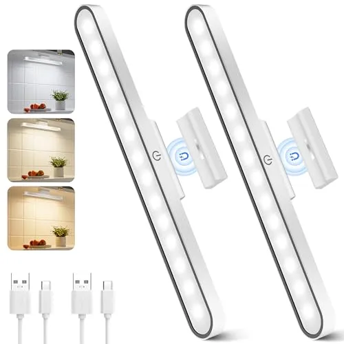 Realky Unterbauleuchte Küche LED 2 Stück, Dimmbar Schrankbeleuchtung Kabellos, LED Lichtleiste mit Aufladbar, USB Batteriebetriebenes Küchenlicht für Spiegel, Schreibtische, Küchen, Schränke und Wand