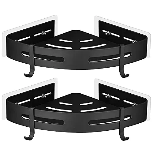 GRICOL Eckablage Duschkorb Duschregal ohne Bohren Duschablage Metall Mit 4 Haken Dusche Ablage Badregal mit Aufkleber Badezimmerregal für Bad und Küche 2 Etagen Schwarz