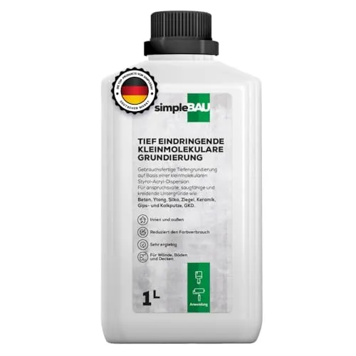 simpleBAU Tiefengrund 1 L – Gebrauchsfertige Tiefengrundierung für Innen & Außen auf schwierigen Untergründen – Verbessert Haftung für Wände, Böden & Decken, Lösemittelfrei & Ergiebig