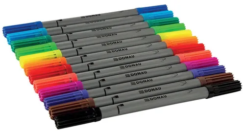 DONAU 5120100-99 Duo-Faserschreiber - Etui mit 12 Stiften, doppelte Schreibspitzen in sortierten Farben für kreative Projekte