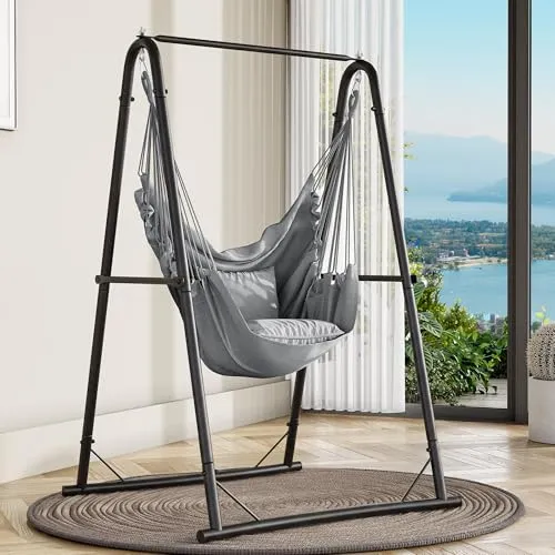 YITAHOME Hängesessel mit Gestell 105x93x160cm, Stabiles Stahlgestell, Hängemattenständer mit Hängender Schaukel, Max. Belastung 150kg, Schaukelstuhl mit 2 Haken und 2 Rückenkissen für Garten, Grau
