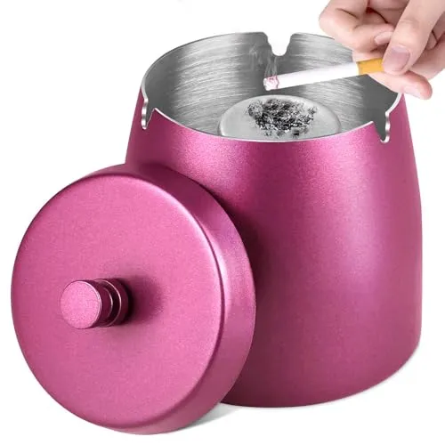 Aschenbecher, Aschenbecher mit Deckel (12×10×12cm), Edelstahl Aschenbecher für Draussen, Sturmaschenbecher als Windaschenbecher, Standaschenbecher mit Rutschfest Boden für Draußen und Innen (Rose Red)