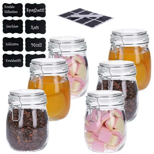 6er Set Vorratsglas mit Bügelverschluss + 8 Kreidetafelsticker (6 x 830ml)