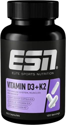 ESN Vitamin D3+K2 Kapseln - 120 Stück - Nahrungsergänzung mit D3 und K2 für eine ausgewogene Unterstützung, vegan und in praktischer Kapsel-Form, ideal für Erwachsene.