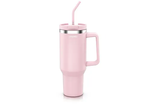 Arendo Thermobecher Tumbler 1200 ml, Becher mit Deckel, Henkel und Strohhalm, Thermal Mug, 1-tlg., Edelstahl, doppelwandig, Vakuumgehäuse aus Edelstahl, luftdichter Verschluss