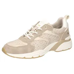 Mustang Shoes Sneaker mit modischer Lochung in Beige, 38 EU - Sneaker in Größe 38 mit modischer Lochung und Glitzerdetails, ideal für einen lässigen Look. Bequemer Keilabsatz und leicht profiliertes Laufsohlenmaterial sorgen für hohen Tragekomfort.