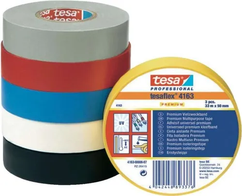 TESA PREMIUM 04163-00007-07 Isolierband tesaflex 4163 - 33m x 50mm - Isolierband für Elektroinstallationen, temperaturbeständig bis 105 °C und UV-beständig bis 104 Wochen, ideal für Reparaturen und Kennzeichnungen.