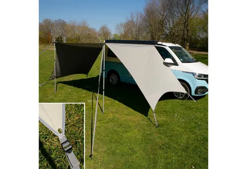 your GEAR Tropea TC Bus Vorzelt UV 50+ Tarp - Caravan-Zubehör: Vielseitiges Sonnendach mit 2,5 x 2,4 m Fläche, UV 50+ Schutz und wasserdicht. Ideal für Bulli und Wohnmobile, schnell aufgebaut mit stabilem Zubehör.