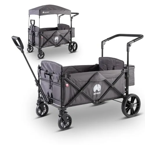 elvent® Allrounder City Bollerwagen - faltbar mit Dach - Handwagen für 2 Kinder, robust und bis 80kg belastbar, ideal für Familienausflüge, mit 5-Punkt-Gurt und abnehmbarem Dach für Sicherheit und Schutz.