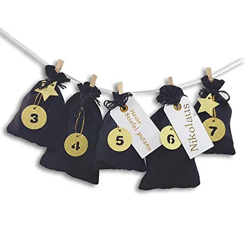 Frau WunderVoll® DIY Adventskalender zum Befüllen Schneeflöckchen Stoffbeutel schwarz, Ziffern Gold/Weihnachtskalender,Zahlen,Beutel,Sack,Säcke,Säckchen,Stoff,Baumwolle,Geschenkbeutel,Bastelset