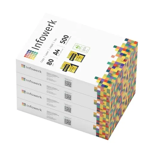 Infowerk Druckerpapier A4 80g - Premium Weiß, 2000 Blatt, PEFC-zertifiziert - Papier für hochwertige Druck- und Kopierergebnisse, 80g, hoher Weißgrad und Opazität, ideal für professionelle Dokumente, umweltfreundlich durch PEFC-Zertifikat.