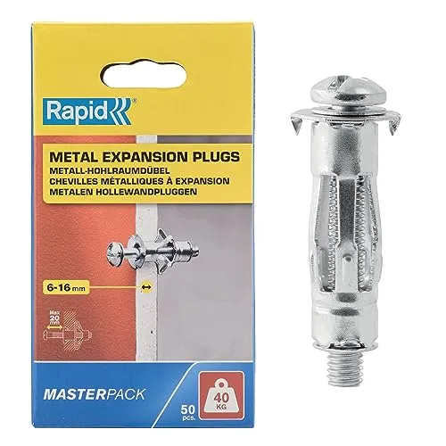 Rapid Hohlraumdübel Metall mit M5 Schraube für Gipskartonplatten 6-16 mm - Tragkraft 40 kg - 50 Dübeln für einlagige Wände