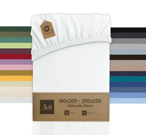 Bettwaesche-mit-Stil Spannbettlaken Jersey Spannlaken Spannbetttuch (180x200-200x220 cm, Matratzenhöhe bis 25cm, Weiß) Gewicht: 180g/m², 90% Baumwolle 10% Elasthan