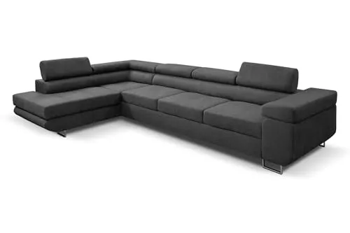 Margaret Hadas24 Ecksofa L Form Marlene IV, Schlaffunktion, Bettkasten, 347x202cm, verstellbare Kopfstützen Couch, 5 Sitzer Schlafcouch Bettsofa, Samtstoff Wohnlanschaft Bettzeugablage, Links, grau