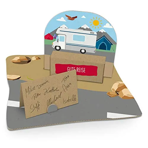 itenga Geldgeschenk Verpackung Camping Wohnmobil mit Zelten Gastgeschenk Verpackung Reisekasse mit Bodenplatte, Geschenkkarte und Stickerbogen