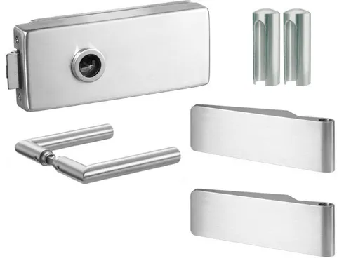 Glastürbeschlag Set Studio mit Scharnier aus UV Edelstahl - Hochwertiges Glastürschloss Set für Glasdicken von 8 mm, ideal für stabile Türlösungen bis 45 kg. Robuste Edelstahl-Oberfläche in Matt-Optik.