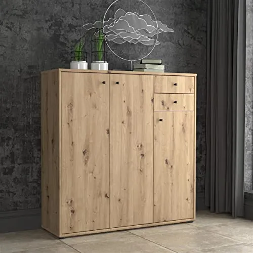 möbelando Kommode Tembi I Artisan Eiche – Beistellschrank für jeden Raum - Kommode Tembi I in Artisan Eiche, 4 Einlegeböden und 2 Schubkästen bieten viel Stauraum. Robuste Verarbeitung, einfacher Aufbau und stilvolle Optik machen sie zum perfekten Möbelstück für Ihr Zuhause.