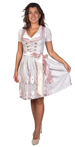 Trachtl - Midi Dirndl Alissa Trachtenkleid Dirndl Damen 2. TLG- Set Trachtenkleid in 3 Farben und Schürze (Grau/Rosa, 36)