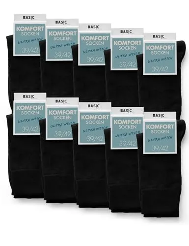 Basic Treasure 10 Paar Komfortsocken Herren 43-46, Socken ohne Gummibund & ohne Naht, venenfreundlich & atmungsaktiv, ideal für empfindliche Beine