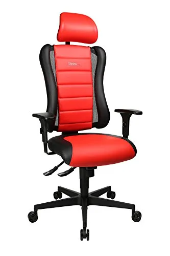 Topstar Sitness RS Bürostuhl, rot, Kunstleder & Netz mit Kopfstütze - Ergonomischer Bürostuhl mit Muldensitz und dreidimensionaler Beweglichkeit. Ideal für lange Sitzzeiten, bis 110 kg belastbar und mit höhenverstellbaren Armlehnen.