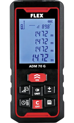 Flex Laserentfernungsmesser ADM 70 G - Messgeräte mit grünem Laser für klare Sichtbarkeit, ideal für präzise Längen-, Flächen- und Volumenmessungen bis 70 m, inklusive Akku und Micro-USB Ladekabel.