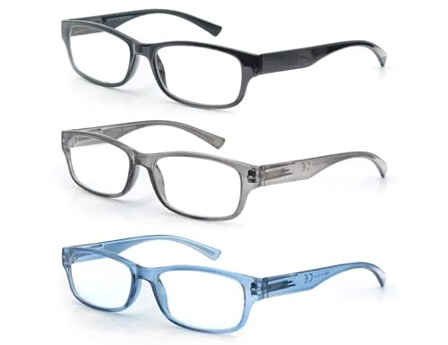 MODFANS 3 Pack Lesebrille 3.5 Herren/Damen,Gute Brillen,Hochwertig,Rechteckig,Komfortabel,Super Lesehilfe,fur Manner und Frauen,Schwarz-Blau-Grau